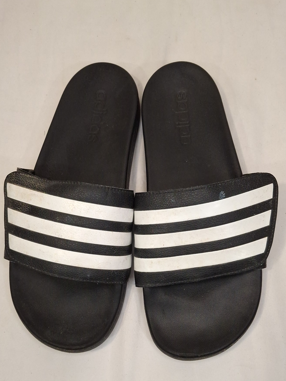 adidas Black Slide Sandals with White Stripes. Adjustable Straps For Fit